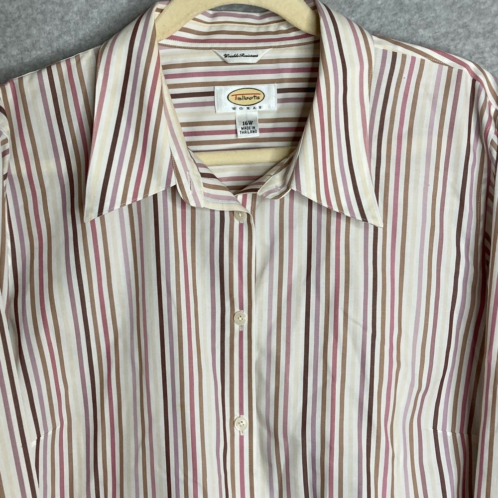 Talbots Woman 16W Pink Brown Striped Shirt‎ Wrinkle Resistant Button Down Top